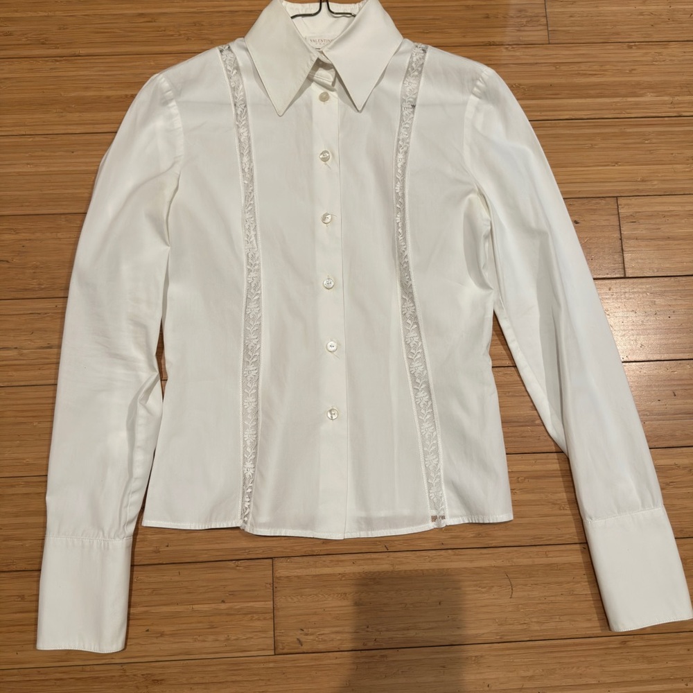 Valentino Cream Cotton Button Down Shirt Size 2 IT 38 Lace Det
